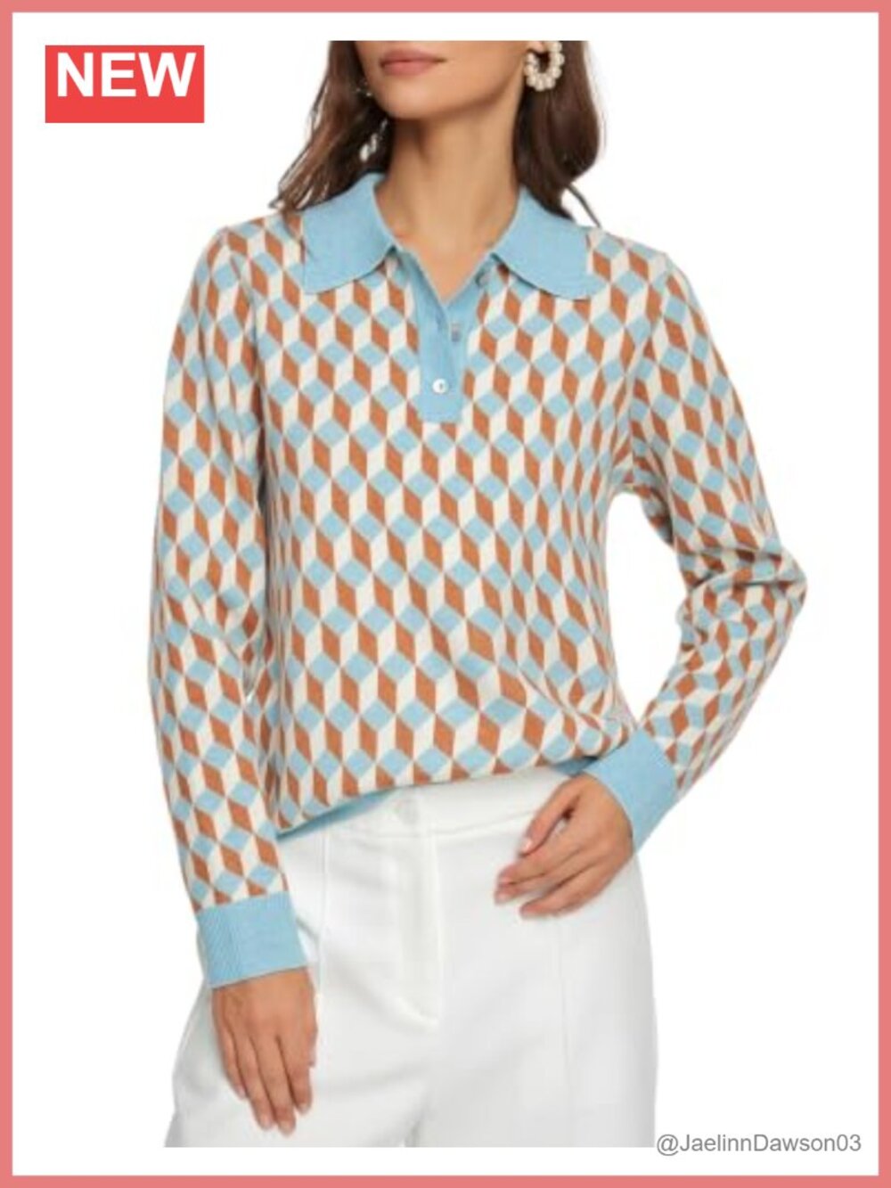 Plaid Knit Polo Shirt Long Sleeve Collared Sweater Top